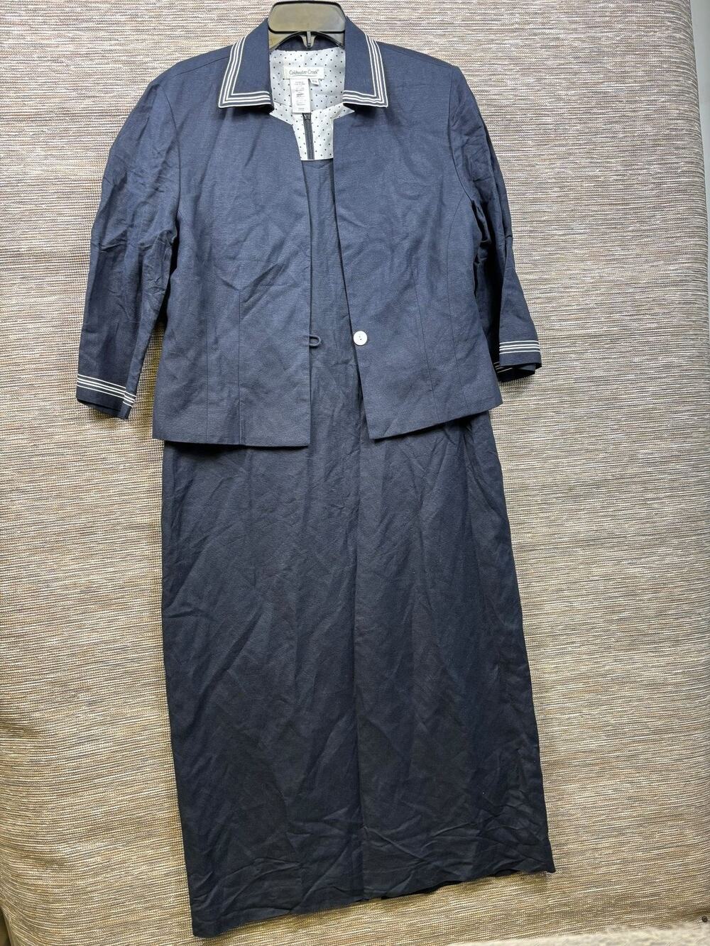 Coldwater Creek Suit Set Womens 14P Blue Linen Blend 2 Piece Jacket Dress Career